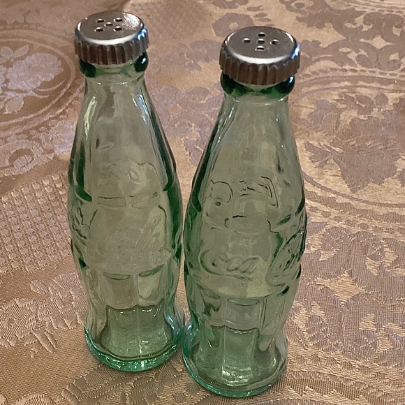 Vintage Coca Cola Mini 4.5" Green Glass Salt & Pepper Shakers, Metal Lids - Picture 2 of 7